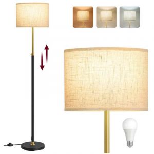 Lampadaire lampe sur pied hauteur r&eacute;glable de 140 &agrave; 170 cm style moderne interrupteur &agrave; pied abat-jour en tissu douille E27 dor&eacute; et noir