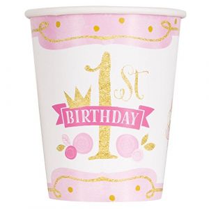 Unique Party 58156 - Gobelets en Carton - 266 ml - 1ère Fête d%u2019Anniversaire à thème Rose et Or - Paquet de 8