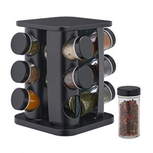 Relaxdays Tourniquet à épices avec 12 Pots en Verre, chacun étant doté d'un Embout tamiseur, remplir, Acier INOX, Noir