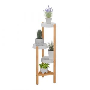 Relaxdays Support pour plantes 4 étagères intérieures en bambou et plastique (H x l x P) : 78 x 28 x 34 cm - Naturel/blanc