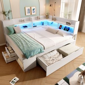 Canap&eacute;-lit 140x200cm - avec LED - avec USB/Type-C - avec des compartiments de rangement et des tiroirs - blanc (matelas non inclus)