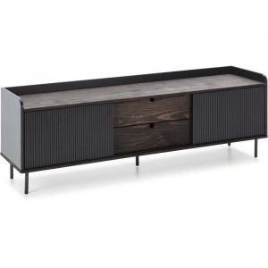 Image de Meuble TV HORIZON portes coulissantes 2 tiroirs Noyer et métal Noir scandinave moderne L160XP40XH52cm