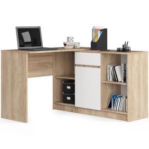 Ensemble d'angle AKORD, bureau B17 avec commode Chêne Sonoma 120 cm 1 porte 1 tiroir façade Blanche 6 étagères 120x126x79 cm