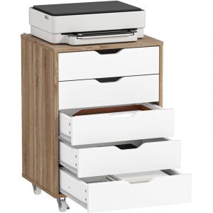 Caisson de bureau - Vinsetto - sur roulette - 5 tiroirs avec poignées encastrées - panneau de particules - 47,5x39,5x67,5cm - chêne