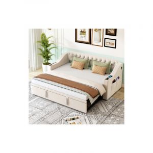 Wishdor - Lit enfant 90x190 cm avec lit gigogne, port de charge usb, 2 espaces de rangement, 4 poches de rangement, velours, beige