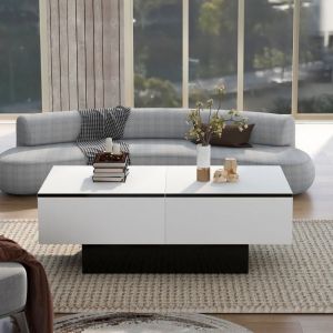 Table basse blanche brillance extensible avec espace de rangement, 102 x 60 x 40 cm