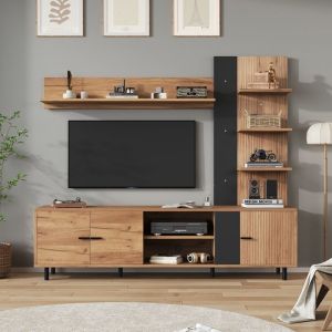 Ensemble meuble TV 187,5x40x167cm - Meuble TV + &eacute;tag&egrave;re d'exposition + &eacute;tag&egrave;res ouvertes - 3 portes - Panneaux de particules - Naturel et noir