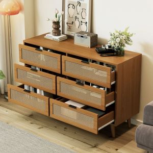 Commode à 6 tiroirs, commode chambre avec poignées en métal, noyer