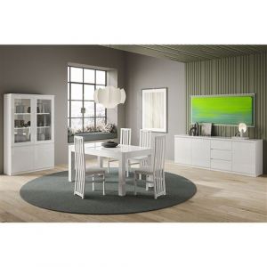 Ensemble S&eacute;jour Complet Laqu&eacute; Blanc Table 160cm + Buffet + Vitrine avec Leds - DEYTON - ALTOBUY