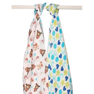 Ti TIN | Lot de 2 Langes en Mousseline pour B&eacute;b&eacute;, 120x120 cm | 100% Bambou - Lange Gaz Doux, L&eacute;ger et Multifonction - Anti Acarien - Motif Forme, &Eacute;toile, Ourson - Multicolore - 100gr/m&sup2;