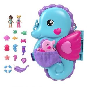 Polly Pocket Papa et moi Coffret sac surprises hippocampe avec poupées, animaux et 13 accessoires, jouet 2 en 1 sac à main à porter et poupée Shani, HWP03