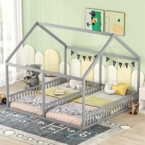 Lit cabane pour 2 enfants 90x200cm - lits plats modèles de maison lits 2 couchage 2 en 1 - gris