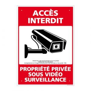 Panneau de signalisation prépercé PVC ou ALU rectangulaire + kit de fixation - Accès interdit, propriété privée sous vidéo surveillance - PVC 1 mm
