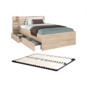 Lit 120 x 190 cm avec rangements - Coloris : Naturel + Sommier - TENALIA