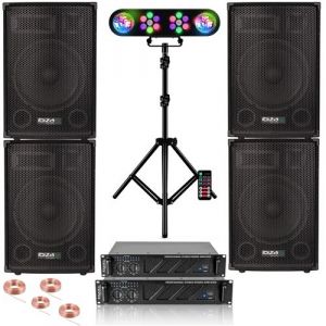 Ibiza Sound Pack Sono 4400W Total - 4 Enceintes Passives 4x700W - Ampli AMP1000-MKII 2x800W - Jeux Lumières Pied Réglable LEDS