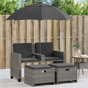 VidaXL Canap&eacute; de jardin 2 places avec parasol et tabourets gris rotin