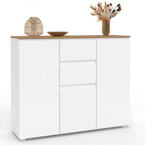 Idmarket Buffet 100 cm TOBY 3 portes 2 tiroirs blanc et plateau bois