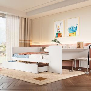 Lit mezzanine 90x200 cm enfant avec bureau, armoire, 3 tiroirs, escalier et garde-corps, pin naturel