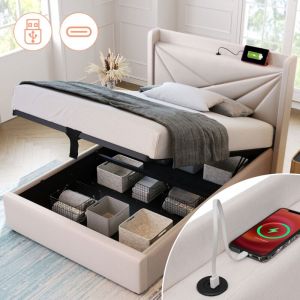 Lit coffre 90x200 cm, lit coffre capitonné 90x200 cm, lit avec sommier à lattes et fonction de charge usb Type c, lin, beige, sans matelas