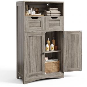 Meuble Rangement Salle de Bain Armoire Bas Moderne 108cm 2 Tiroirs Modulables Étagères Réglables 2 Portes Gris Clair 60x30x108cm - Bealife