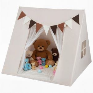 COSTWAY Tente de Jeux Enfant avec Drapeaux & Tapis, Cabane Enfant Int&eacute;rieure Triangle avec Fen&ecirc;tres & Tissu Lavable, Style Princesse pour 2-3 Enfants