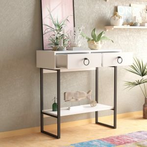 Cotecosy Console 2 tiroirs Naihi L90cm Métal Noir et Bois Blanc - Blanc