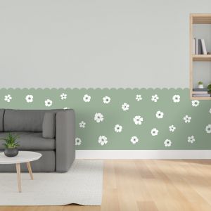 Plage Papier peint découpé préencollé, soubassement, festonné, fleuri, vert, fleurs, raccordable, 83 cm X 195 cm