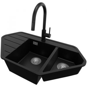 Primagran - Evier d'angle en Granit 90x50cm, Lavabo Cuisine 1,5 bacs + Kit de Vidage + Accessoire, &Eacute;vier &agrave; Encastrer au meuble 80cm - Copenhague