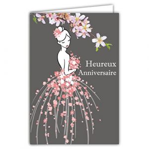 AFIE Carte Heureux Anniversaire pour Jeune Fille - Femme Illustration Robe de Fleurs Roses Printani&egrave;res Princesse Danseuse F&eacute;e - Enveloppe Incluse - Fabriqu&eacute;e en France 65-1333