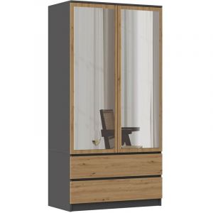 Turin - Armoire 2 Portes Avec Miroir Style Moderne Chambre À Coucher - 90x50x180 - 2 Tiroirs - Gris&aspect Bois