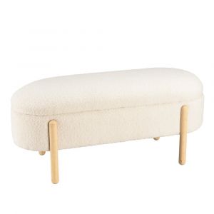 Macabane LEOPOLD - Banquette tissu bouclette écru avec rangement et pieds bois