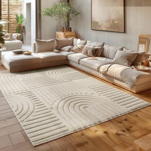 Homebyhome Tapis de Salon ou chambre en Beige 200x290 cm style bohème scandinave avec effet haut-bas tapis décoratif