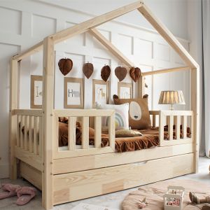 Lit cabane 90x190 barrières sommier et tiroir inclus Roxane Bois