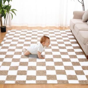 Tapis Salon Shaggy 160 x 230 cm Descente de lit Tapis Poils Longs Doux pour Salon Chambre Canapé Moelleux Chambre Blanc café