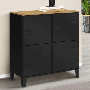 Idmarket Buffet d'appoint casier 70 cm ESTER 4 portes en métal noir plateau bois design industriel