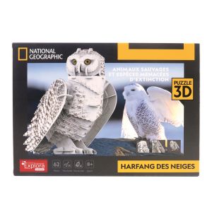 Mgm EXPLORA - Chouette des Neiges - Puzzles 3D - 540214-62 Pi&egrave;ces - Animaux - Niveau 4 - sans Colle Ni Ciseaux - Licence National G&eacute;ographic - Jeu de Construction - &Agrave; Partir de 8 Ans