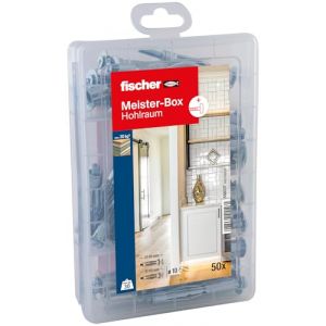 Fischer Meister-Box Lot de 50 chevilles et vis pour cavité creuse, diamètre 10 mm, longueur 37-65 mm, pour bricoleurs et professionnels, idéal pour les plaques de plâtre simples et doubles