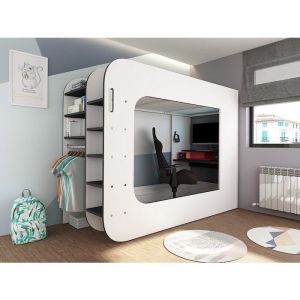 Image de Lit mezzanine gamer 90 x 200 cm - Avec bureau et rangements - Avec LEDs – Blanc et anthracite - WARRIOR