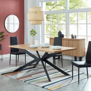 Table &agrave; manger effet ch&ecirc;ne et m&eacute;tal noir pieds en x 180cm