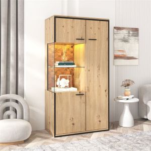 Vitrine moderne avec LED 15 couleurs - meuble de présentation porte en verre multi-usages - naturel bois 150x78x40cm