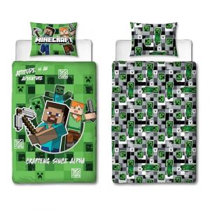 Character World Minecraft Parure de lit Simple avec Housse de Couette réversible et taie d'oreiller Assortie Motif à Carreaux