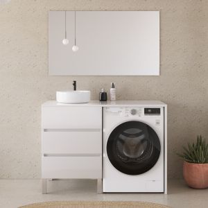 Meuble lave linge 124cm avec plateau et vasque arrondie - 3 tiroirs - blanc - CRUZ