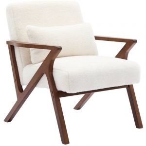 Fauteuil scandinave bois d'hévéa teinté noyer et tissu effet fausse fourrure