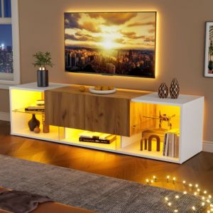 Meuble TV blanc avec 2 tiroirs, 2 &eacute;tag&egrave;res en verre, &eacute;clairage LED, pour salon, chambre