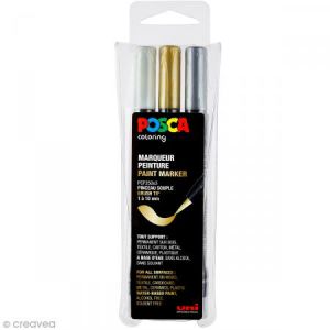 Posca Set de 3 - Pointe Pinceau souple - Or, Argent, Blanc - PCF350