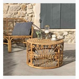 Decoclico - Table basse ronde en rotin naturel et plateau tressé Pavone - Bois clair