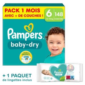 Pampers Couches Baby-Dry Taille 6 - Pack 1 Mois 148 Couches