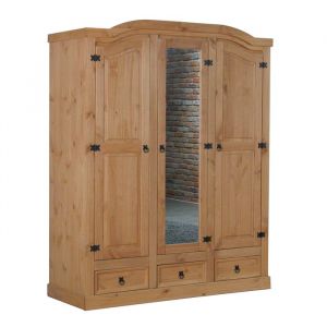 New Mexico Armoire 3 portes avec une porte miroir, 2 portes lambrissées et 3 tiroirs délavés, cirés.