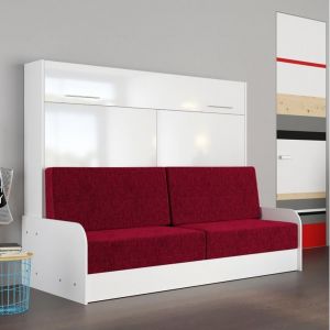 Image de Inside75 Armoire lit escamotable VERTIGO SOFA accoudoirs façade blanc brillant canapé rouge 160*200 cm - rouge