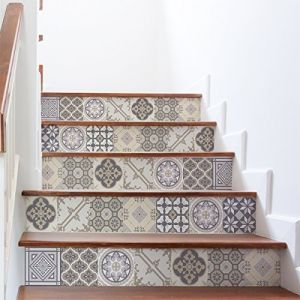 Image de Stickers adhésifs escalier | Sticker Autocollant Carreaux de Ciment - Mosaïque carrelage Escalier | Carreaux de Ciment Adhésif Mural Escalier - Multicolore 15x105 cm - 6 bandes